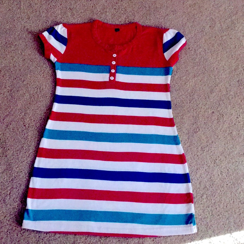 Macy’s pink, teal and white striped polo shirt